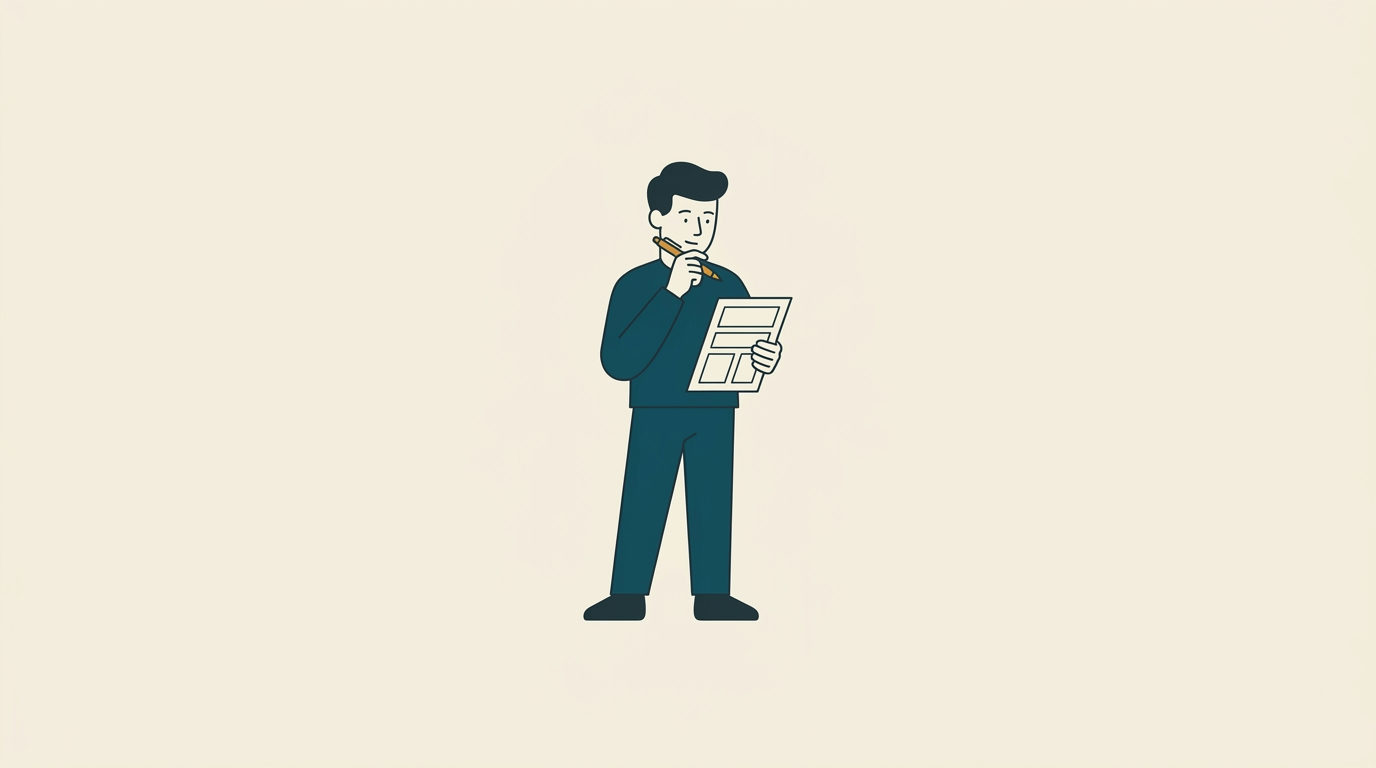 Minimalistisk illustration av en person i blågröna kläder som håller ett papper och en ockragul penna mot hakan.