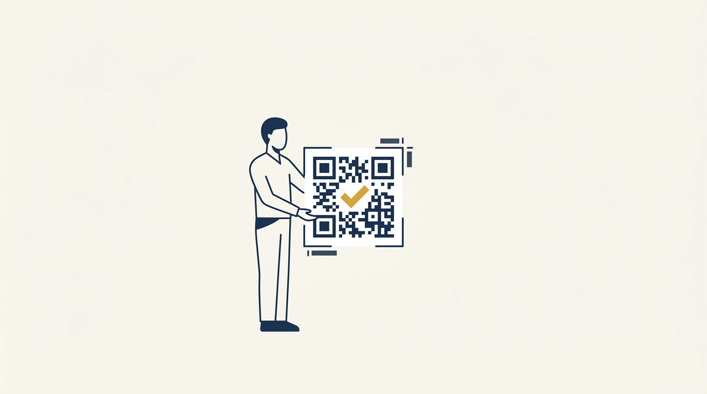 Ilustración minimalista en azul marino de una silueta sosteniendo un código QR geométrico con una marca de verificación en color oro viejo sobre un fondo marfil.