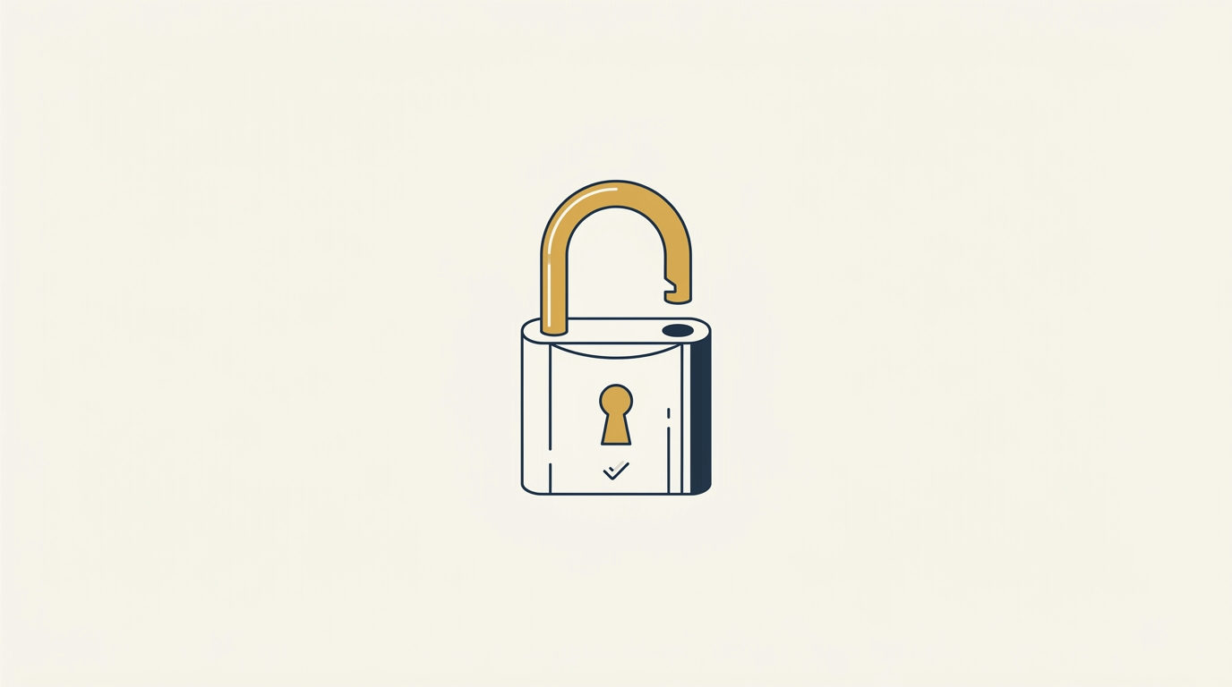 Ilustración minimalista de un candado de latón abierto sobre un fondo crema con contorno azul marino.