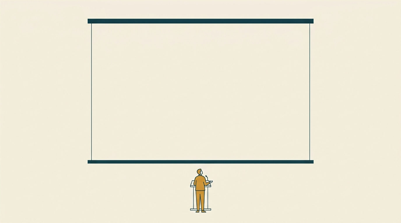Minimalistisk figur vid talarstol tittar på stor tom presentationsskärm.