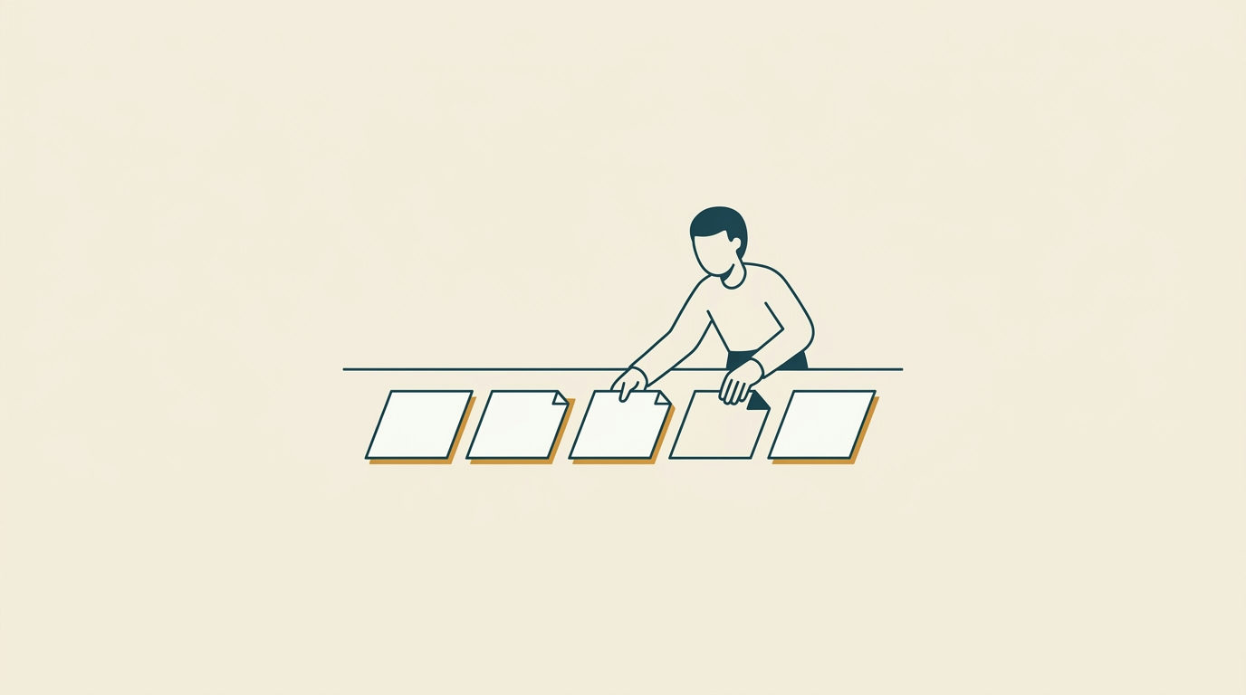 Abstrakt figur arrangerar vita paneler, symboliserar sekvens och steg-för-steg process. Stiliserad illustration.