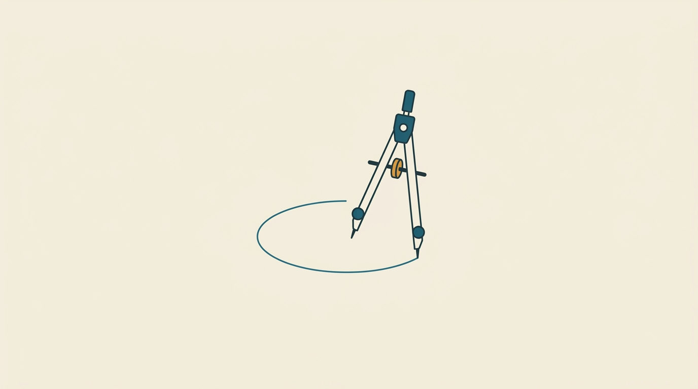 En ritkompass drar en linje på ett tomt papper, minimalistisk illustration i petroleumblått och ockra.