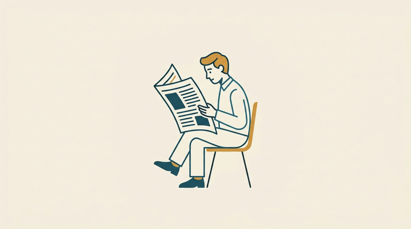 Stiliserad platt illustration av en sittande person i profil som granskar ett stort dokument i händerna.
