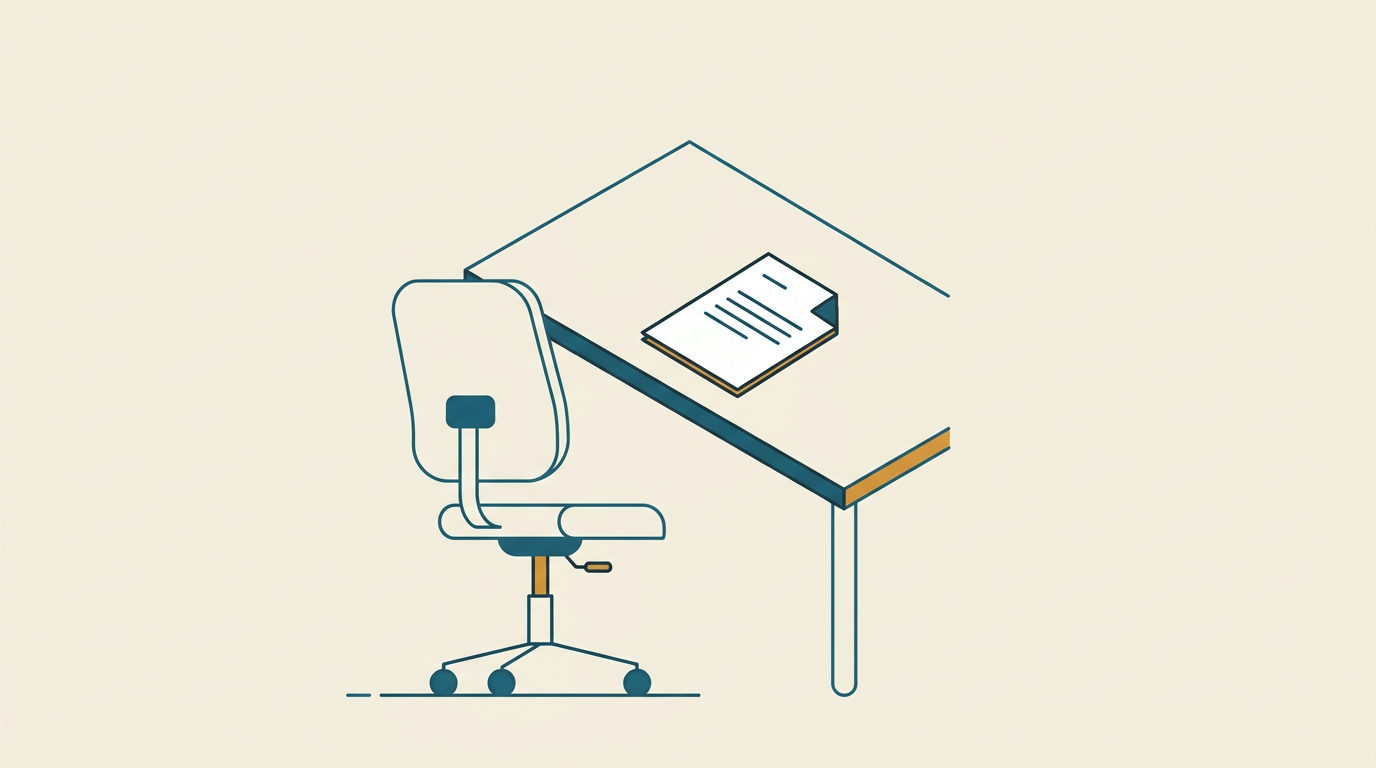 Minimalistisk vektorillustration av en kontorsstol vid ett skrivbord med ett ensamt pappersark mot ljus bakgrund.