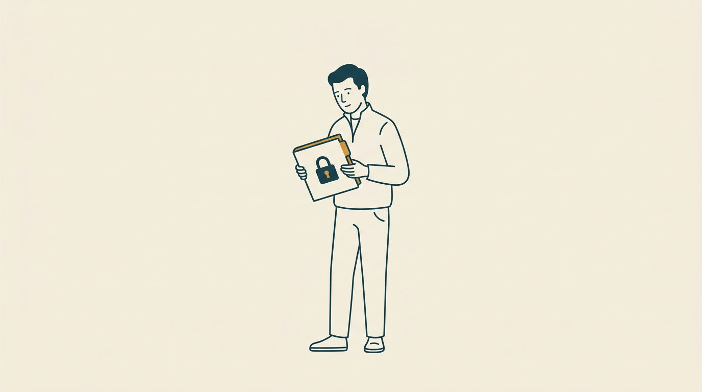 Stiliserad vektorillustration av en person som håller en stängd dokumentmapp med en hänglåssymbol på ljus bakgrund.