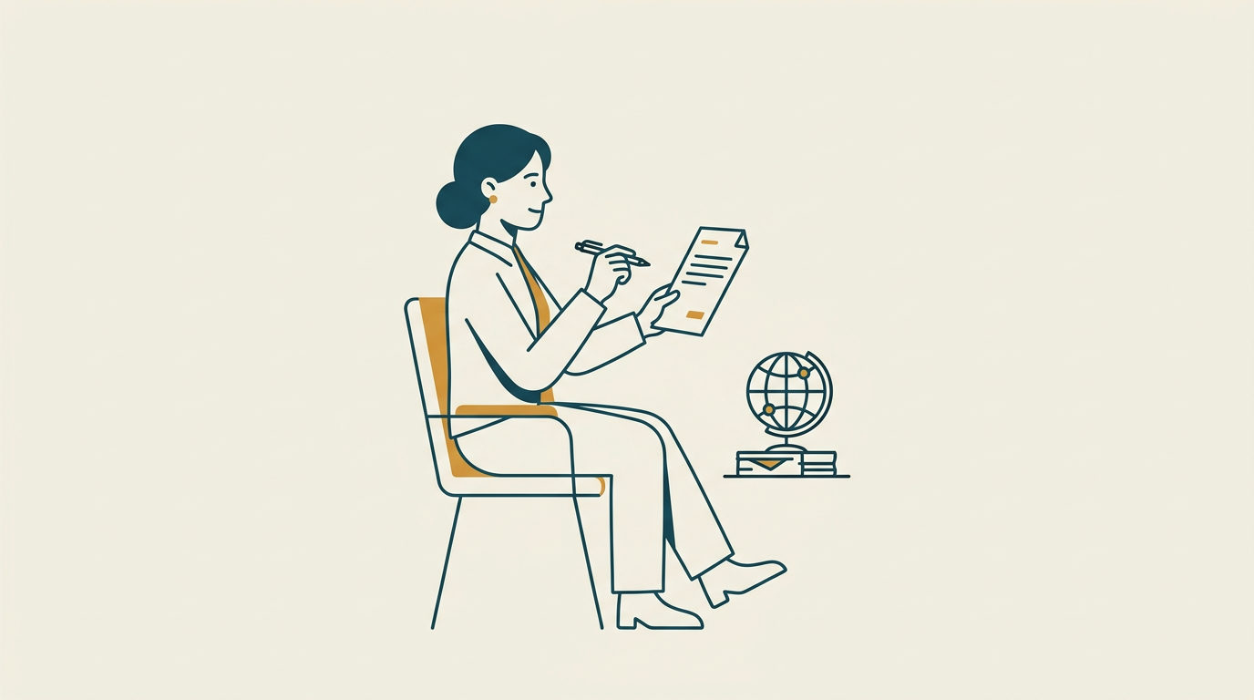 Stilren illustration av en person som sitter i profil och granskar ett dokument med en penna.