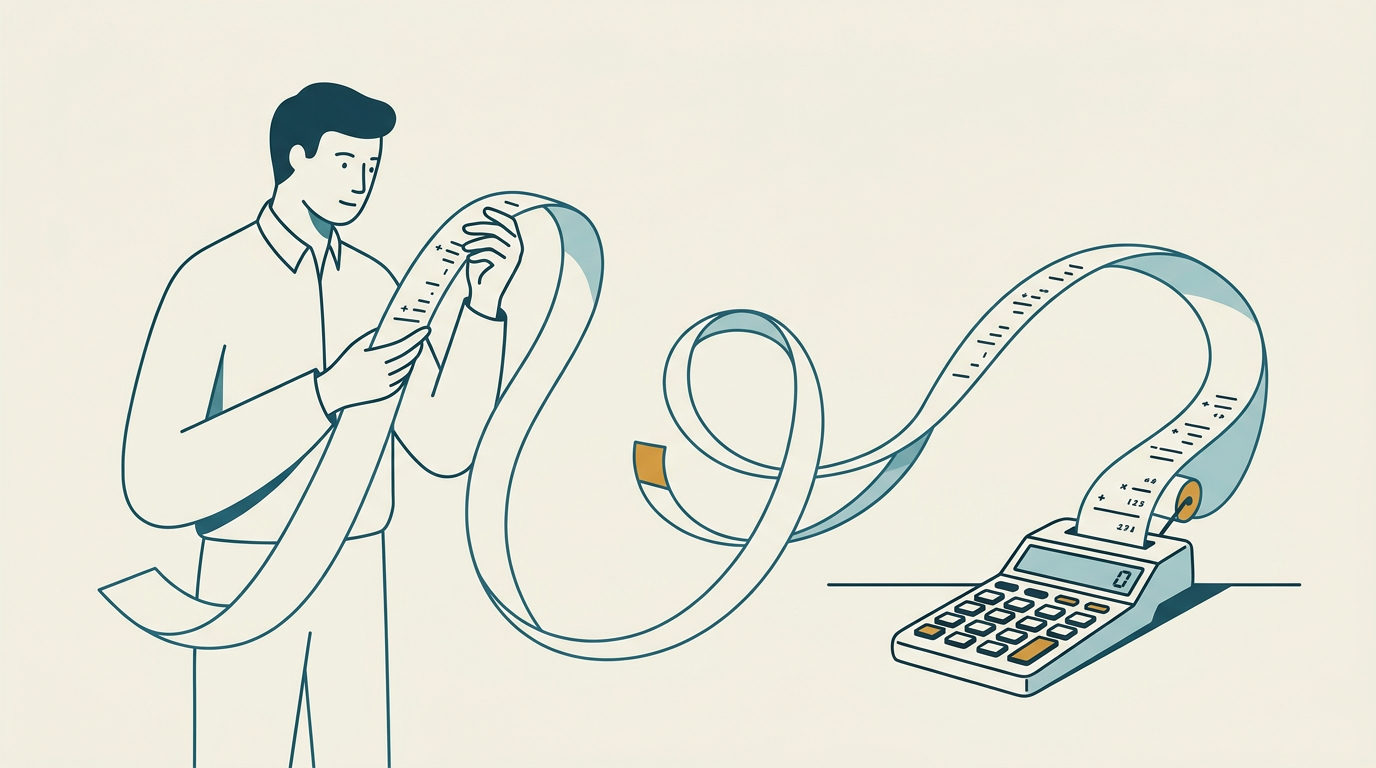 Stiliserad illustration av en person som granskar en lång, slingrande pappersremsa från en klassisk räknemaskin.