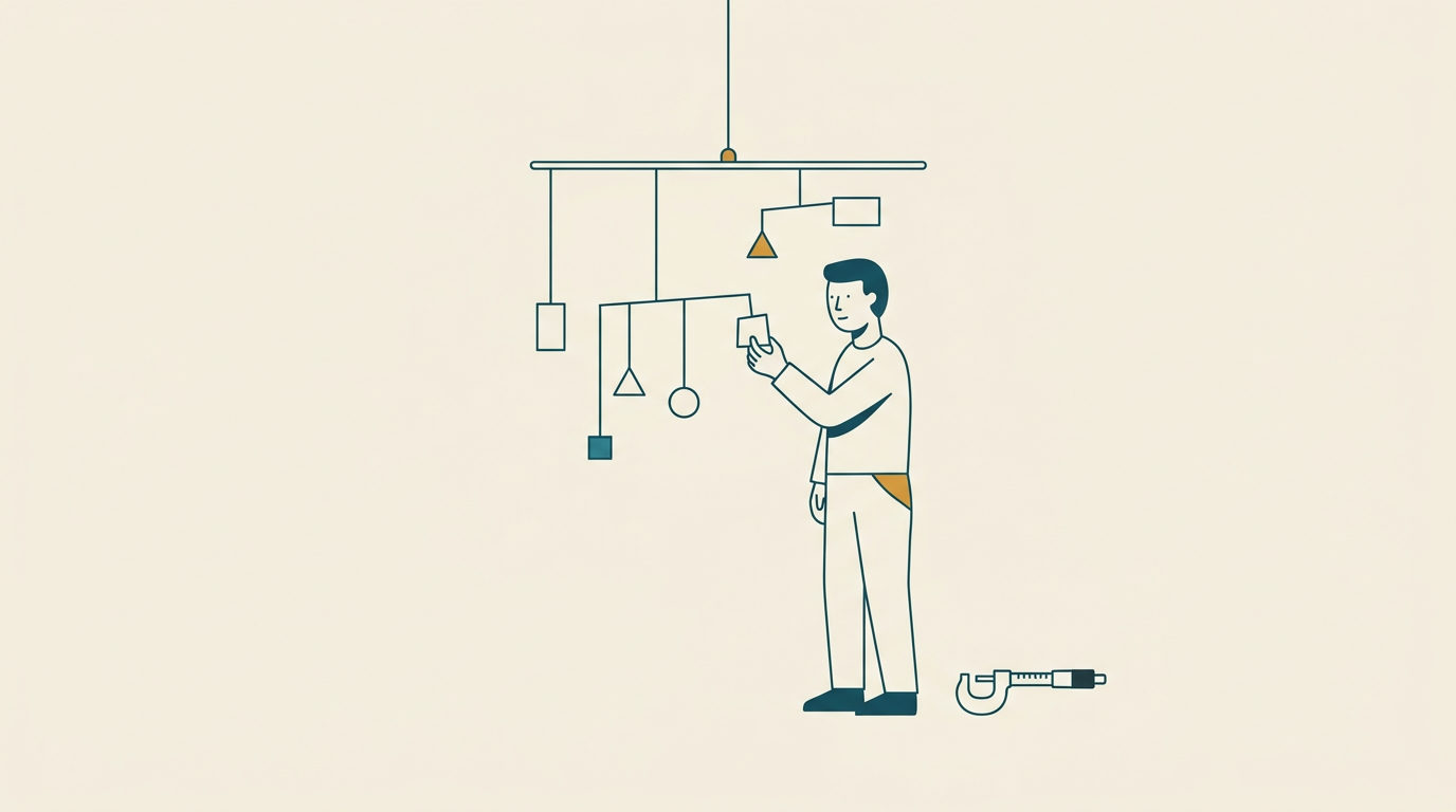 Minimalistisk vektorillustration av en stiliserad person som justerar en hängande mobil med geometriska former mot ljus bakgrund.