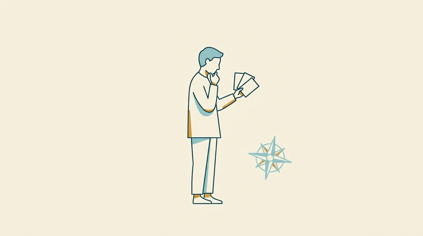 Minimalistisk vektorillustration av en person som betraktar tre tomma kort mot en ljus, öppen bakgrund.