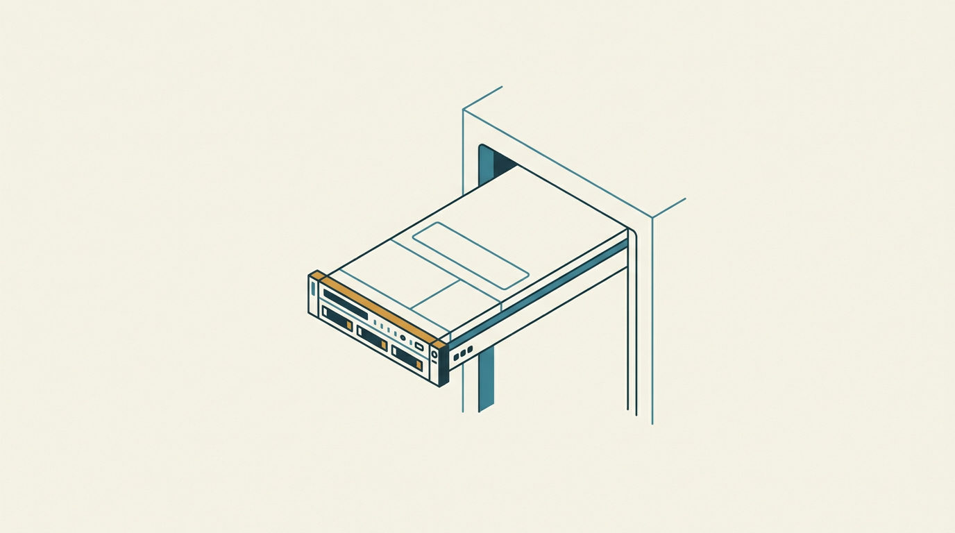 Minimalistisk vektorillustration av ett stiliserat serverblad delvis inskjutet i ett rack mot en ljus bakgrund.