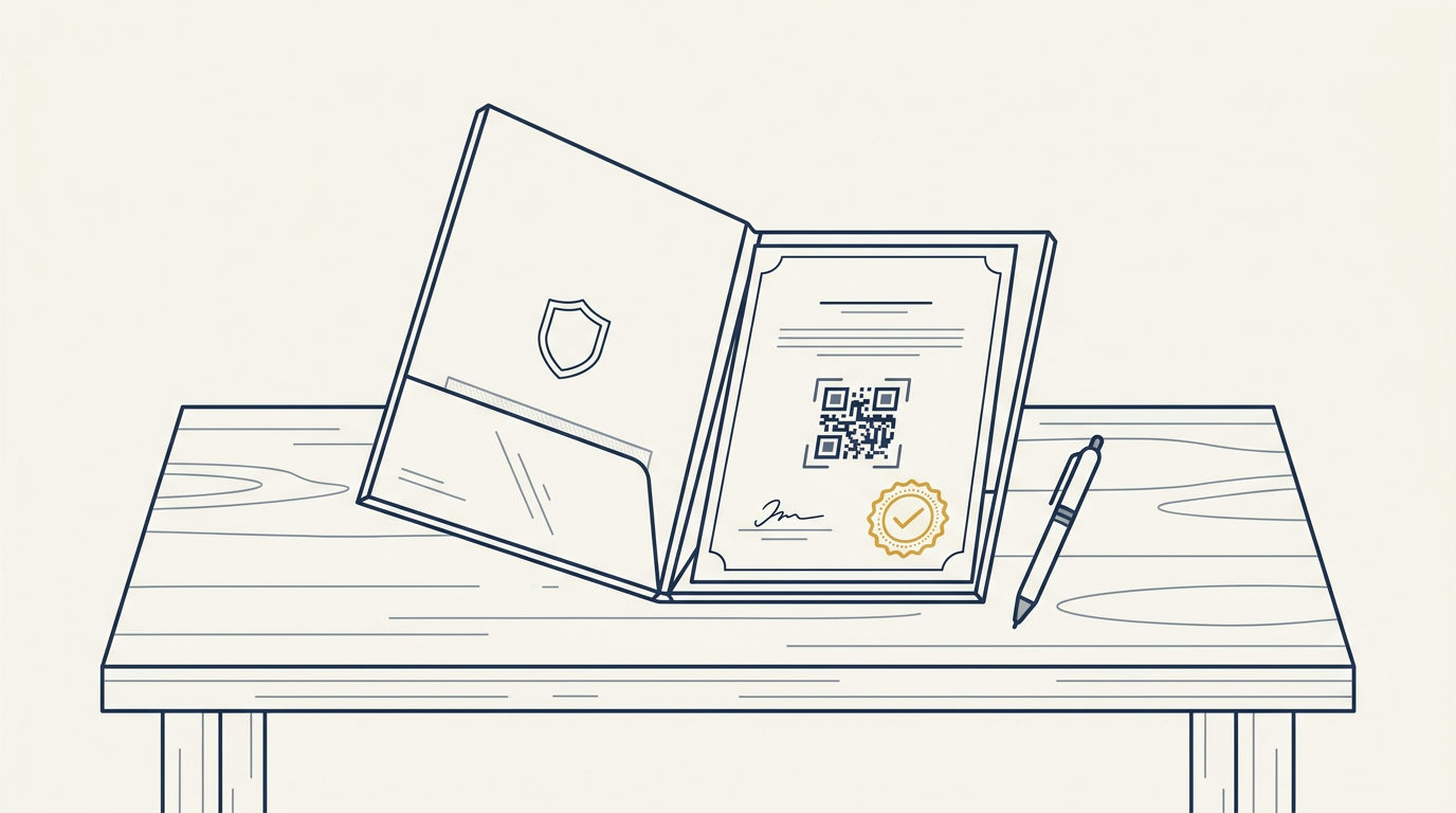 Minimal vector illustration of an open certificate folder featuring a gold verification seal on a warm cream background.