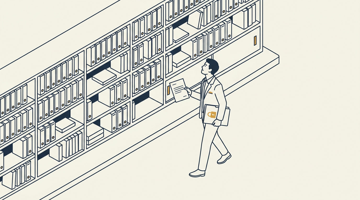 Minimalist illustration of a registrar walking past an archival vault, carrying a folder with a gold padlock emblem.