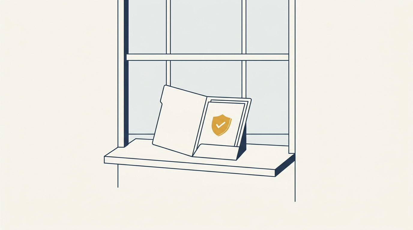 Minimalist navy line art of an embassy window with an open credential folder showing a gold shield emblem.