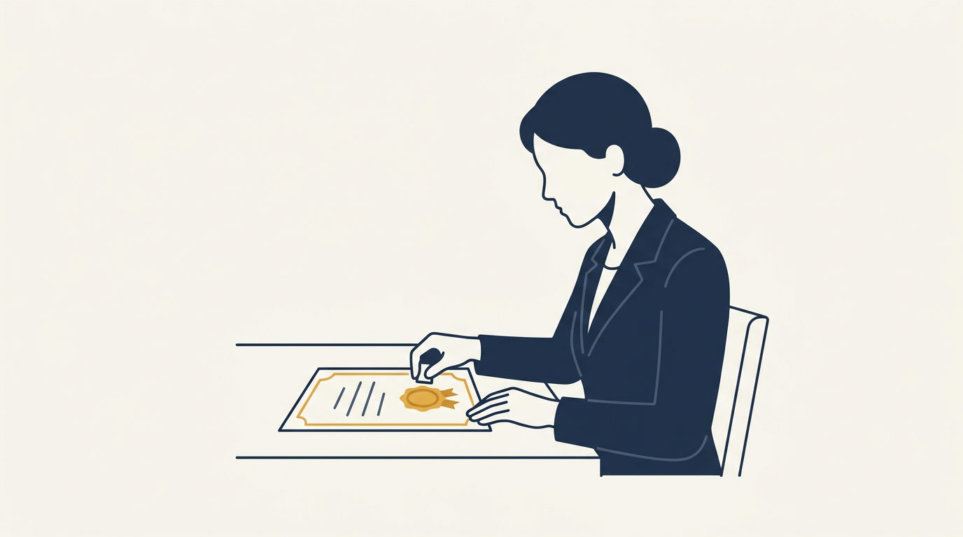 Minimal vector illustration of a faceless person applying a gold wax seal onto a certificate on cream background.