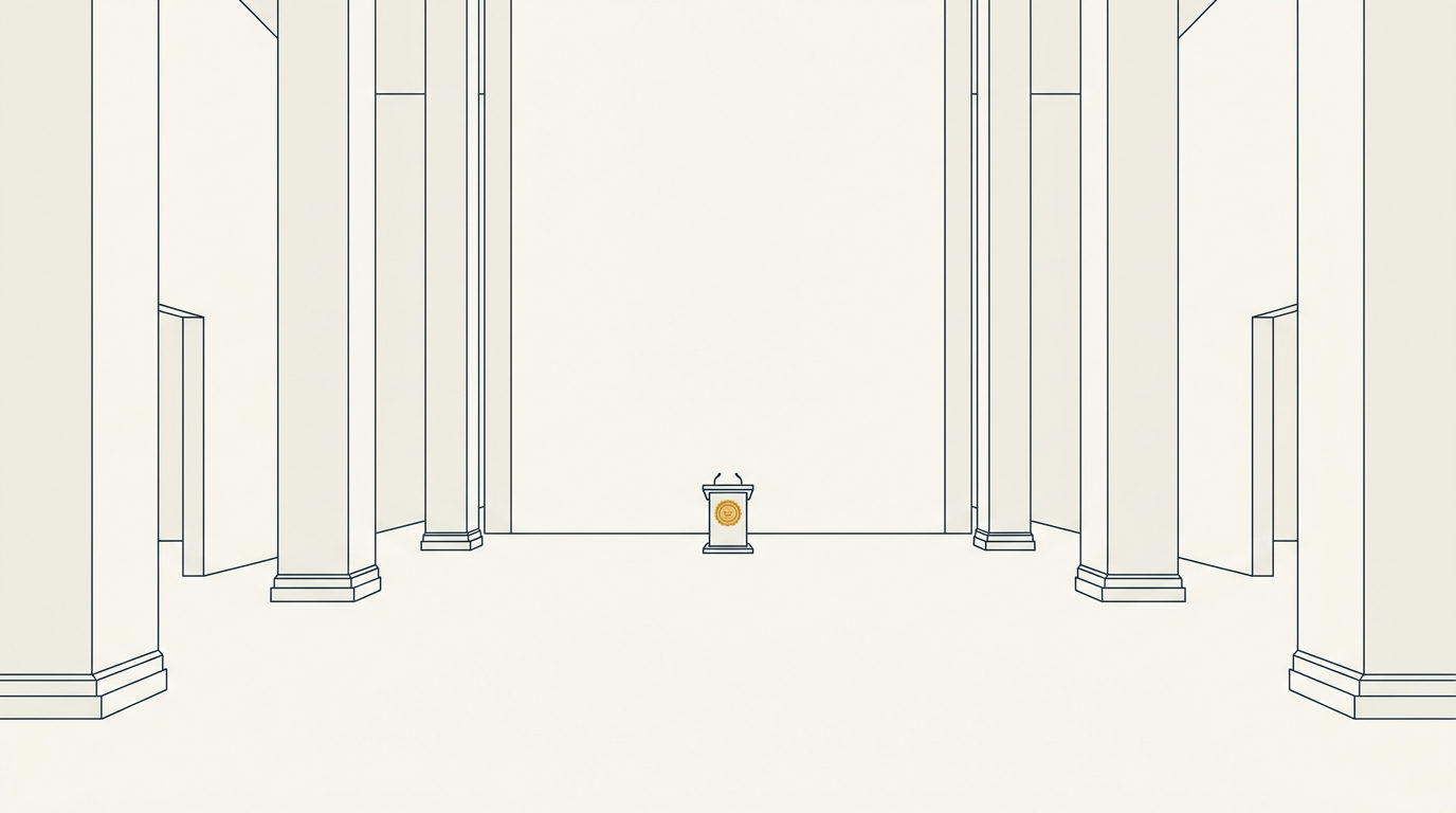 Minimalist vector illustration of towering navy columns in a vast hall with a distant gold seal podium.