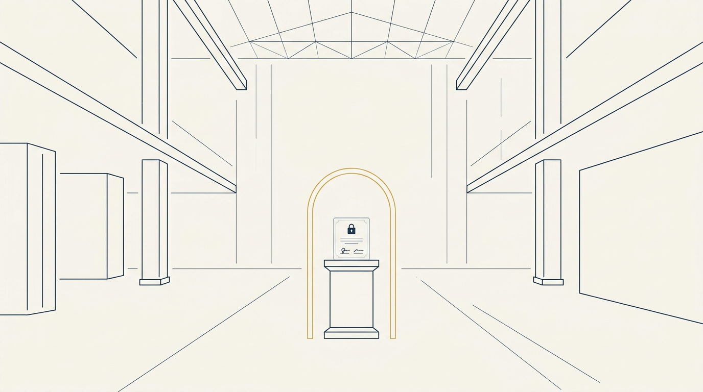 Ilustração vetorial plana de um pedestal para certificados de formação sob um arco em latão dourado, num cofre minimalista e amplo em tons de creme.