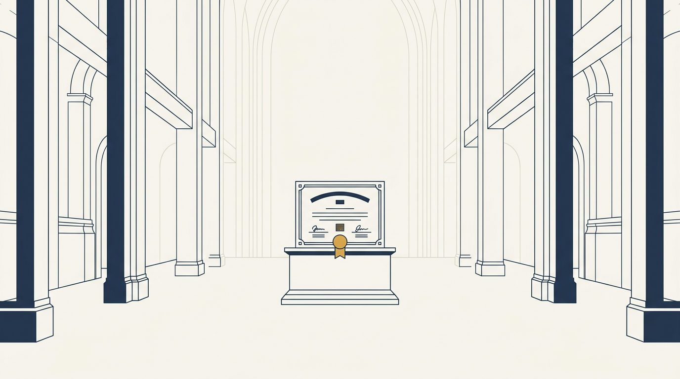 Certificado de formação com selo dourado sobre um pedestal num amplo espaço minimalista em tons de marfim.