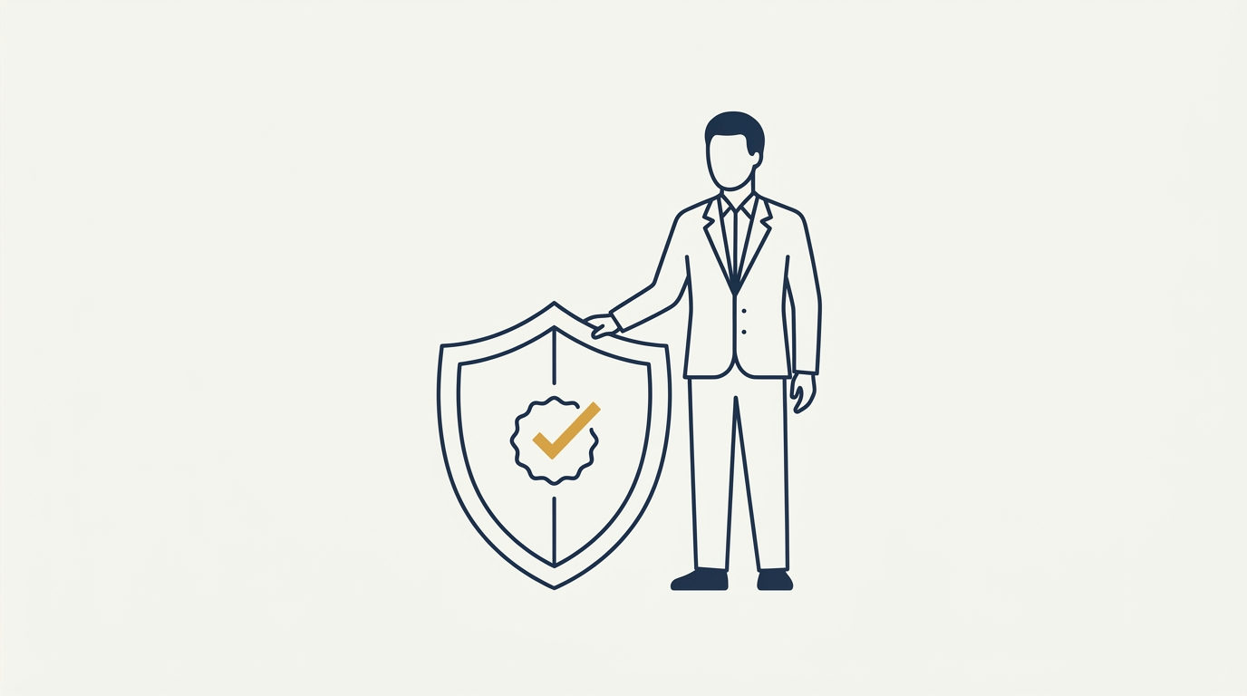 Stylized faceless figure in navy stands beside a brass-accented security shield on an off-white background.