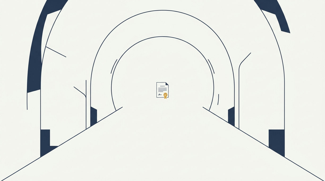 Tiny gold-sealed certificate amidst a vast, empty, cavernous expanse from a distant perspective.