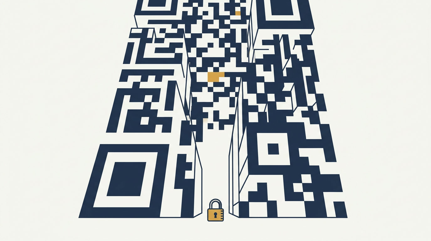 Tiny brass padlock dwarfed by towering geometric navy QR code walls on an off-white background.