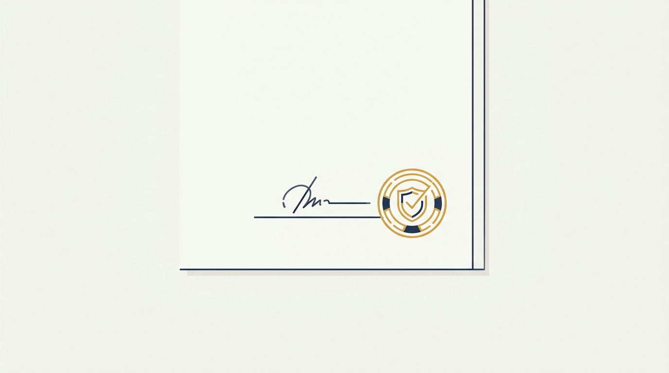 Gold seal atop a navy signature line on an off-white document. Minimalist vector art.