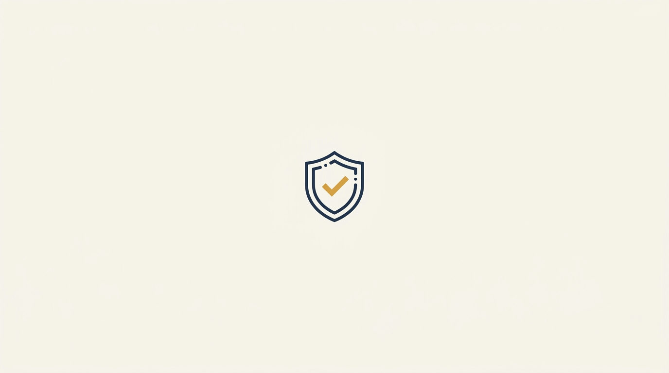 Small brass gold and navy verification shield against a vast, airy cream background.