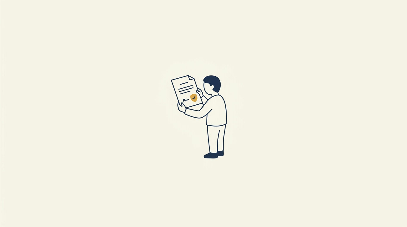 Stylized figure holding a brass-gold accented certificate, dwarfed by warm cream space.