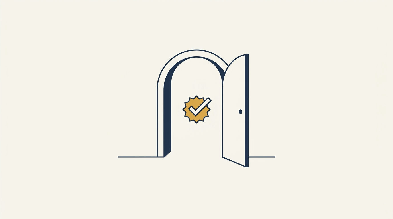 Minimalist archway in warm ivory with a brass gold verification checkmark badge in the center.